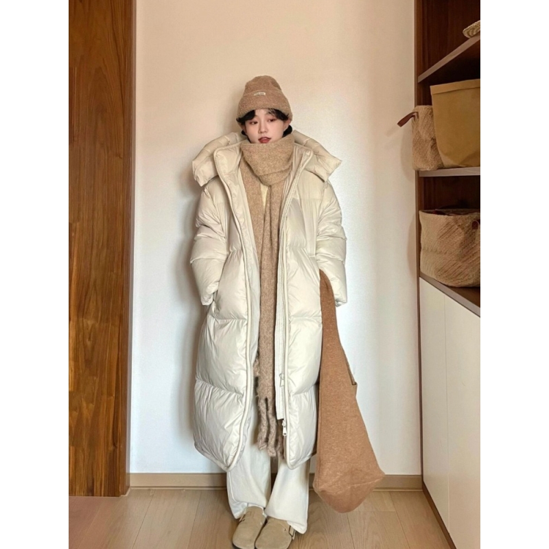 2025年新款宽松加厚棉服长款过膝连帽棉服外套时尚网红ins韩版 米白色 XL（推荐145-168斤）