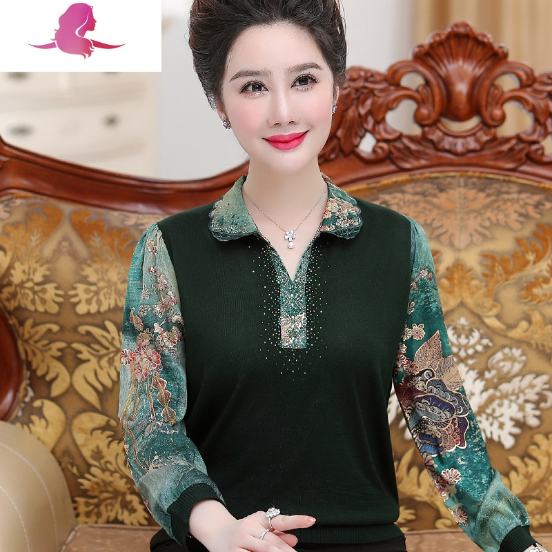 艳如飞妈妈春秋新款上衣中年妇女长袖套装中老年女夏装洋气针织打底衫薄妈妈装