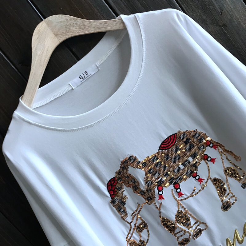 韩版宽松大码女装纯棉亮片卡通短袖T恤胖MM显瘦夏季圆领打底衫白色均码