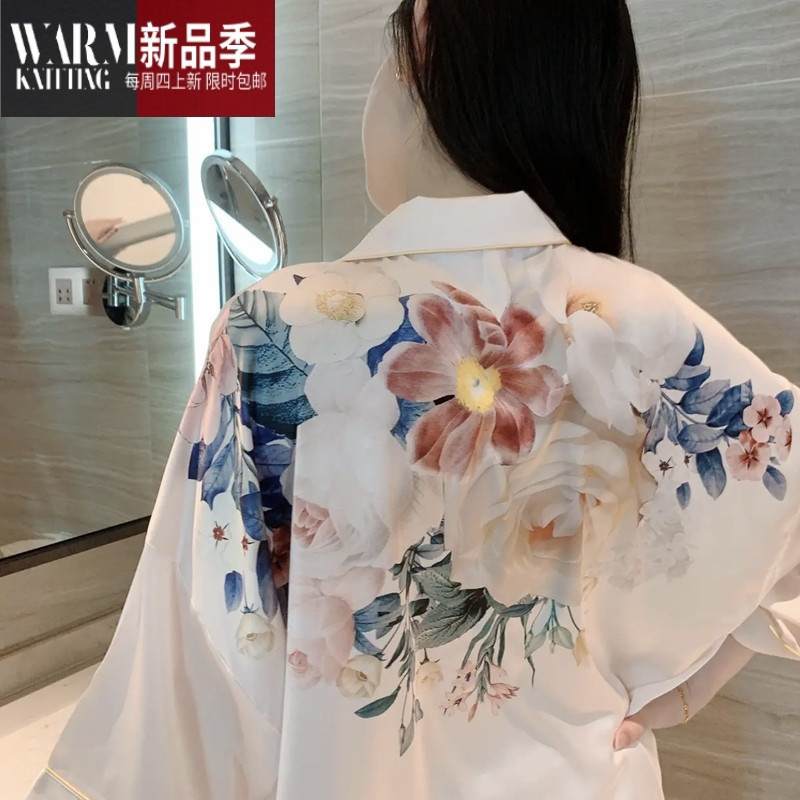 SHANCHAO冰雪丝牡丹花睡裙女款网红2023年新款短袖薄凉感性感衬衫睡衣