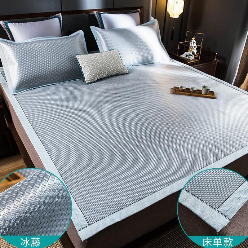 冰丝凉席床笠款三件套1.8m床1.5冰藤席可折叠纯藤空调席子_140 1.5m（5英尺）床 蓝色妖姬-床单款