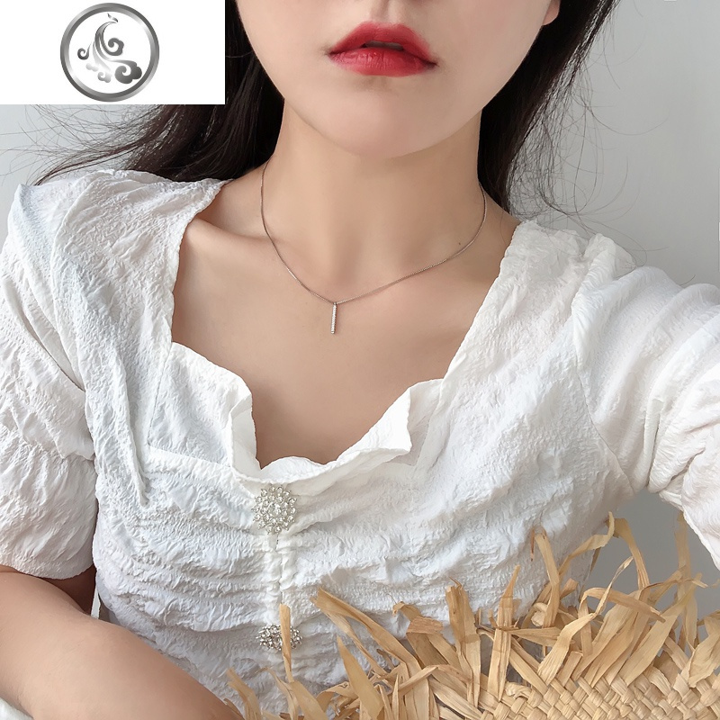 一字微镶满钻吊坠项链韩版气质简约个性冷淡风网红短款锁骨链颈带 锆石一字项链