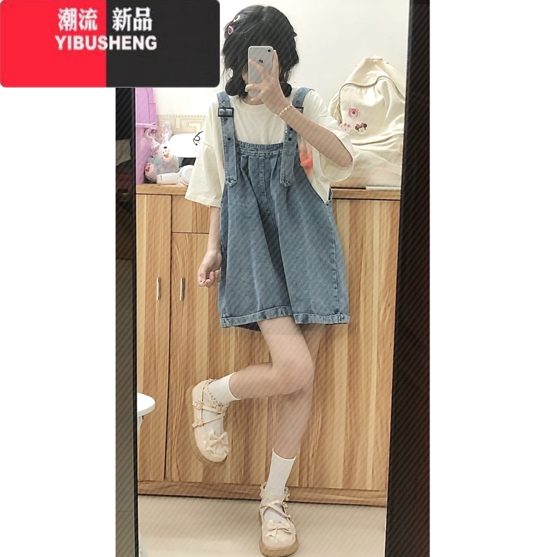 YIBUSHENG牛仔背带裤女季薄款小个子盐系小众设计感宽松复古休闲阔腿短G M 蓝色
