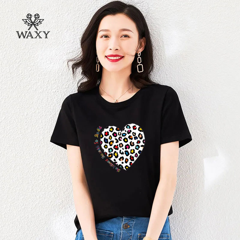 WAXY豹纹爱心印花短袖T恤女春夏新款欧货轻奢圆领纯棉上衣打底衫