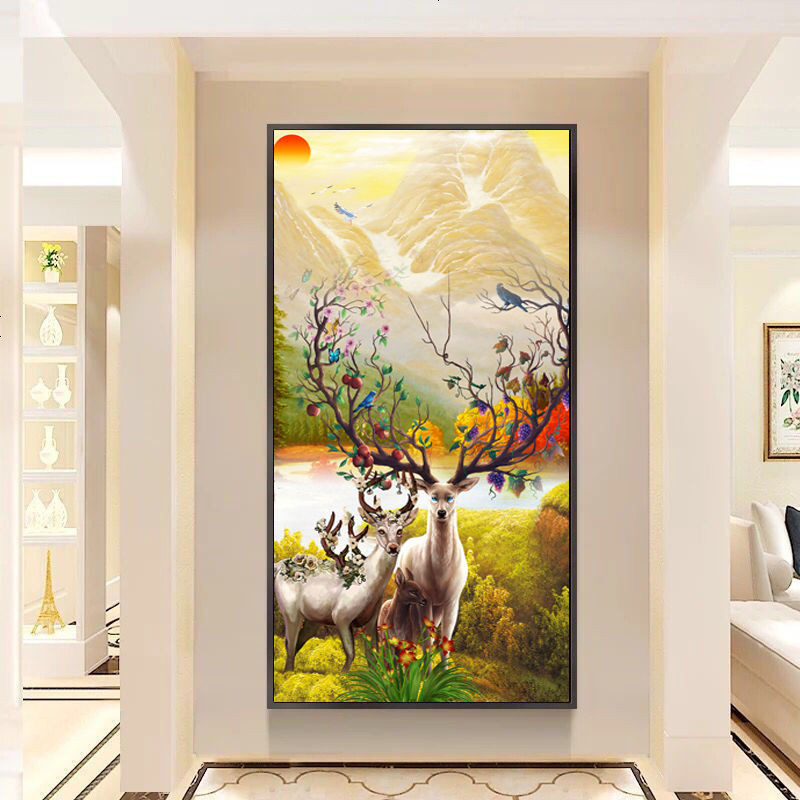 北欧客厅玄关装饰画竖版现代简约麋鹿油画沙发背景墙过道走廊挂画福鹿