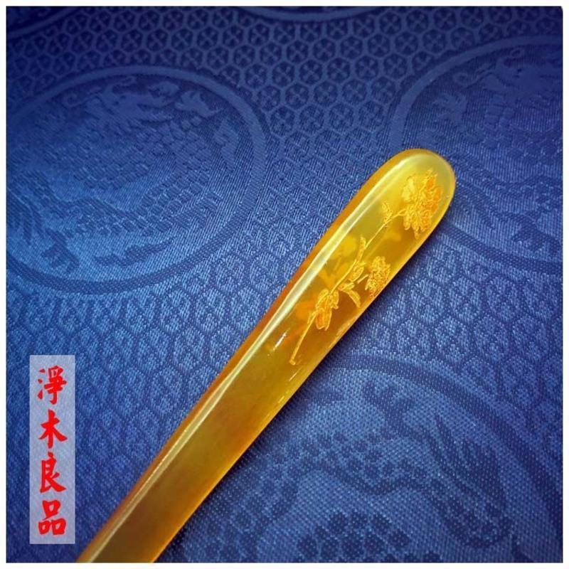 天然羊角发簪 双面雕花牡丹羊角簪子 牛角发钗盘头发饰复古简约 雕花