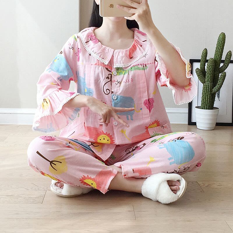 迪鲁奥(DILUAO)月子服春夏秋纯棉纱布七分袖产妇产后哺乳期喂奶睡衣孕妇宽松大码图片