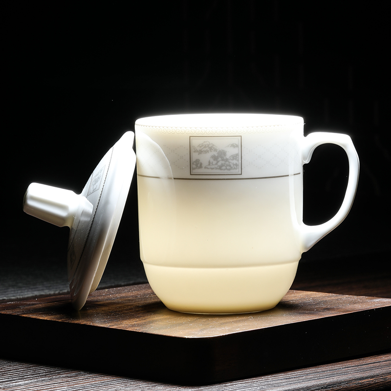 MULTIPOTENT茶杯2个陶瓷盖杯300ml商务会议办公茶杯宾馆酒店单位公司开会茶杯#白金山水高清大图