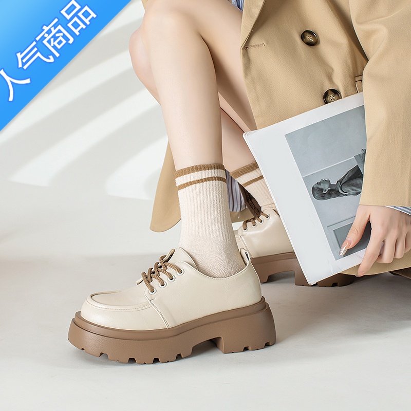SUNTEK小皮鞋女夏季2023新款法式厚底增高白色单鞋百搭英伦风粗跟乐福鞋高清大图