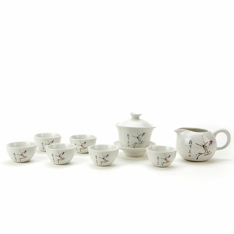 恒福 TEA MiLL 整套功夫 陶瓷 白瓷手绘石斛花 茶具套装赖少其名家作品 一盖碗一海六杯 其他