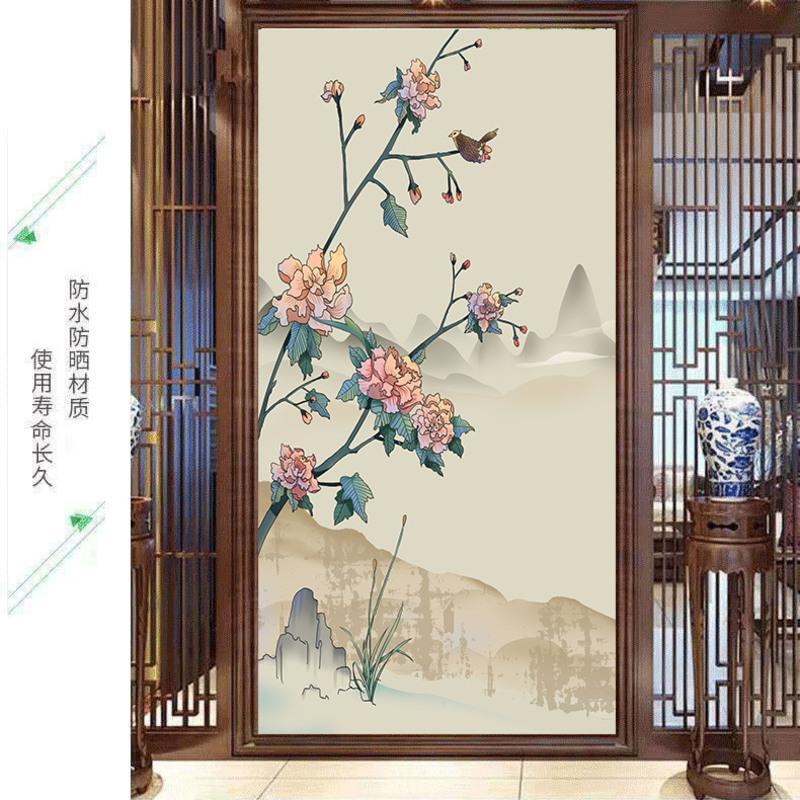 中式花鸟玻璃贴窗户防晒卧室透光不透明客厅推拉门免胶静电玻璃贴 1 宽30*60高