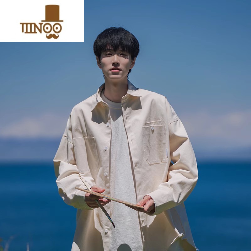 YANXU日系工装长袖衬衫男秋季潮牌复古百搭衬衣痞帅感宽松休闲外百高清大图