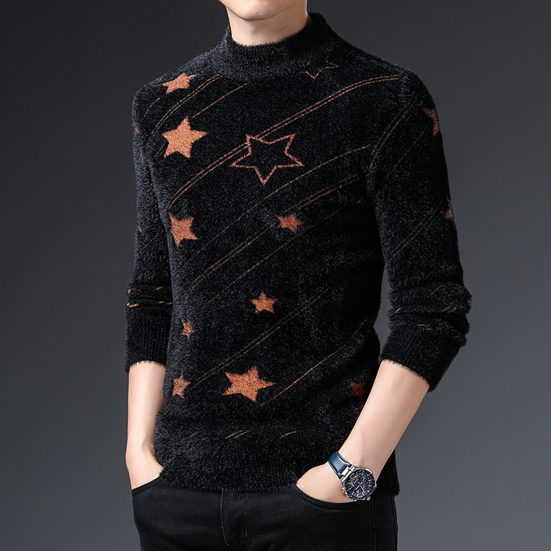秋冬貂绒男士针织毛衣星星提花韩版修身打底衫加厚休闲男装潮