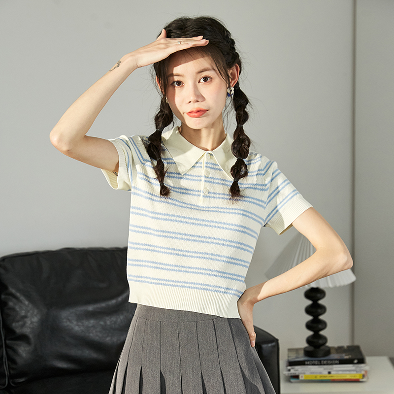[1.5折价43元]唐狮夏季新款条纹polo衫女针织短袖t恤甜美洋气别致上衣小衫