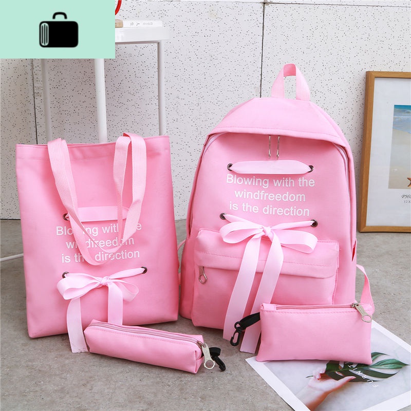 书包女学生韩版双肩包女学生校园2019新款时尚百搭蝴蝶结撞色背包NEW LAKE 9080送手提小包笔袋防水带后兜粉