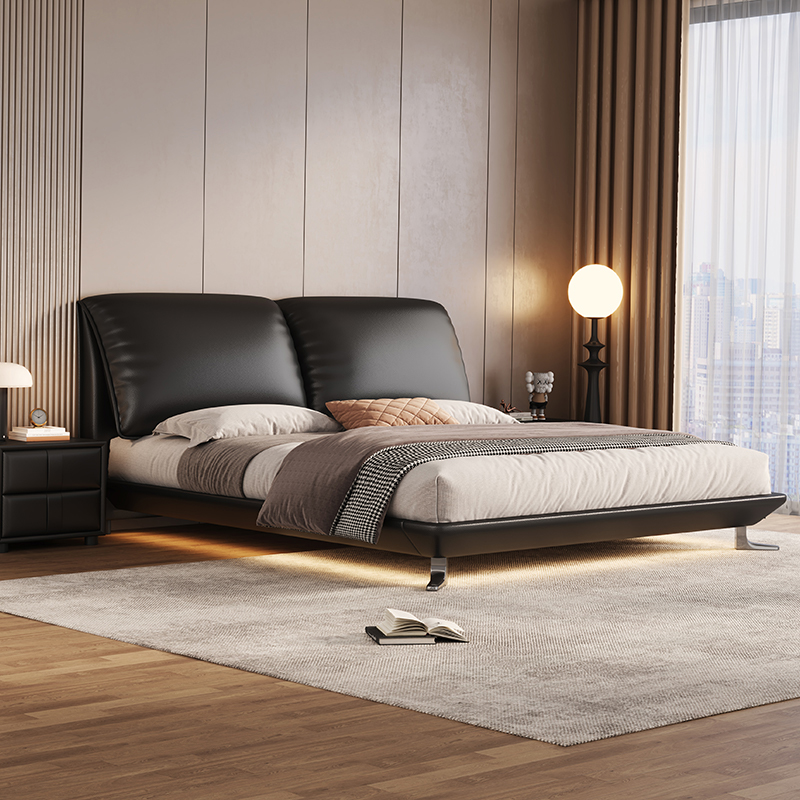 意式真皮床轻奢现代简约双人床主卧鸭子脚满铺悬浮床软包婚床高清大图