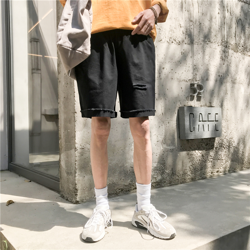 夏装帅气帅气男士破洞短裤宽松港风休闲五分中裤青年韩版5分裤子