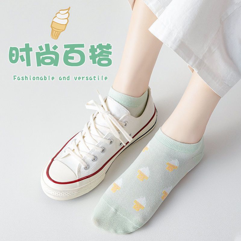 袜子女短筒秋季超薄镂空网袜低帮浅口纯色ins潮学生花边船袜网眼诺妮梦