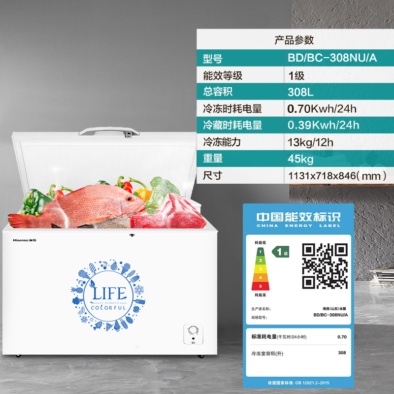 海信(Hisense)308升 冰柜商用冷藏冷冻柜 雪糕柜冷柜(珍珠白)BD/BC-308NU/A