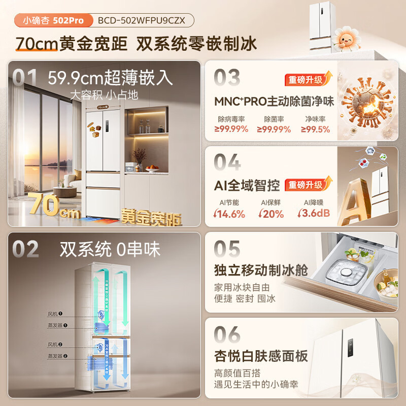 美菱小确杏 BCD-502WFPU9CZX 502L法式多门冰箱双系统70cm宽极窄零平嵌入式大容量一级能效高清大图