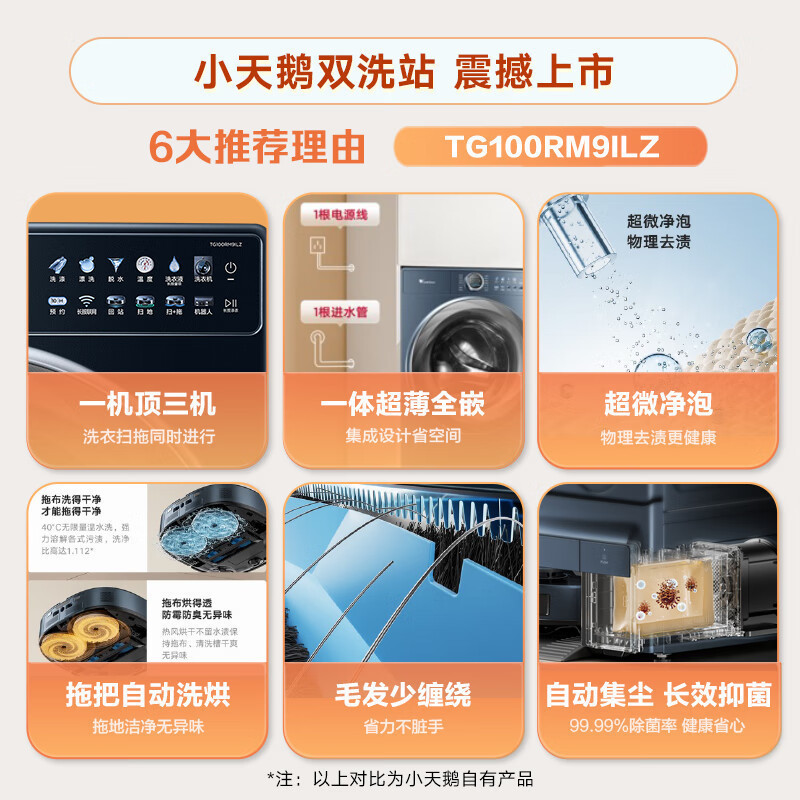 小天鹅双洗站 洗衣扫拖一体扫地机器人滚筒洗衣机全自动超薄全嵌10公斤自动毛发切割超微浸泡洗手机智控TG100RM9ILZ