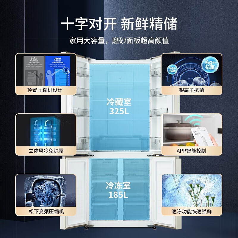 松下NR-D521CX-N十字对开门510升全嵌入式自动制冰银离子除菌金色