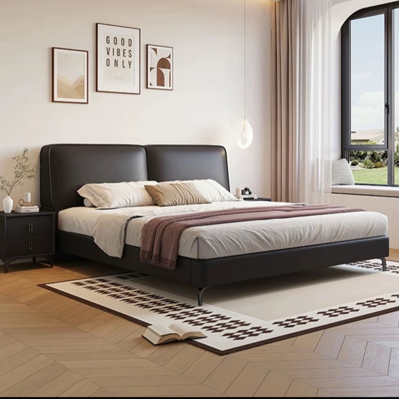 头层牛皮实木床主卧次卧双人大床实木真皮极简婚床 1.8*2.0米【升级版5D床板】 全拆驼绒独立袋床垫【2面可睡3睡感】+1柜