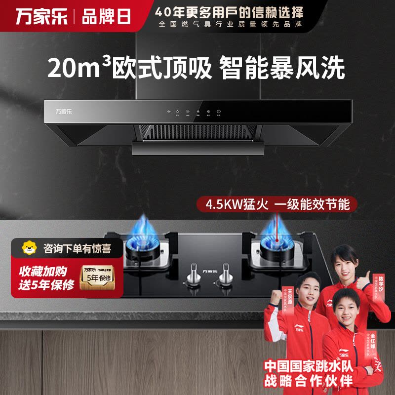 万家乐 烟灶厨电套餐装 20立方大吸力油烟机 欧式顶吸 挥手智控 智旋暴风洗 台嵌两用天然气灶AT051+LAY3图片