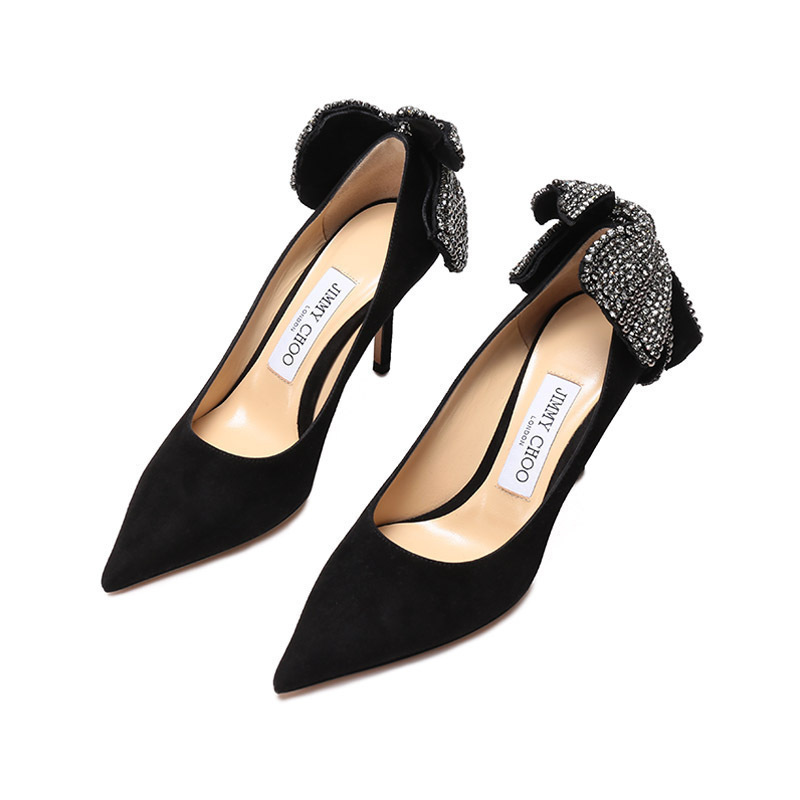 周仰杰jimmychoo女士绒面革水晶蝴蝶结饰尖头浅口细跟高跟鞋皮鞋love