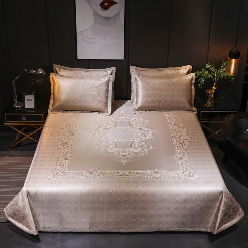 家柏饰(CORATED)提花粗冰丝凉席三件套丝滑冰丝席可水洗机洗折叠空调软席夏季席子 天使之心金 2.0m（6.6英尺）床