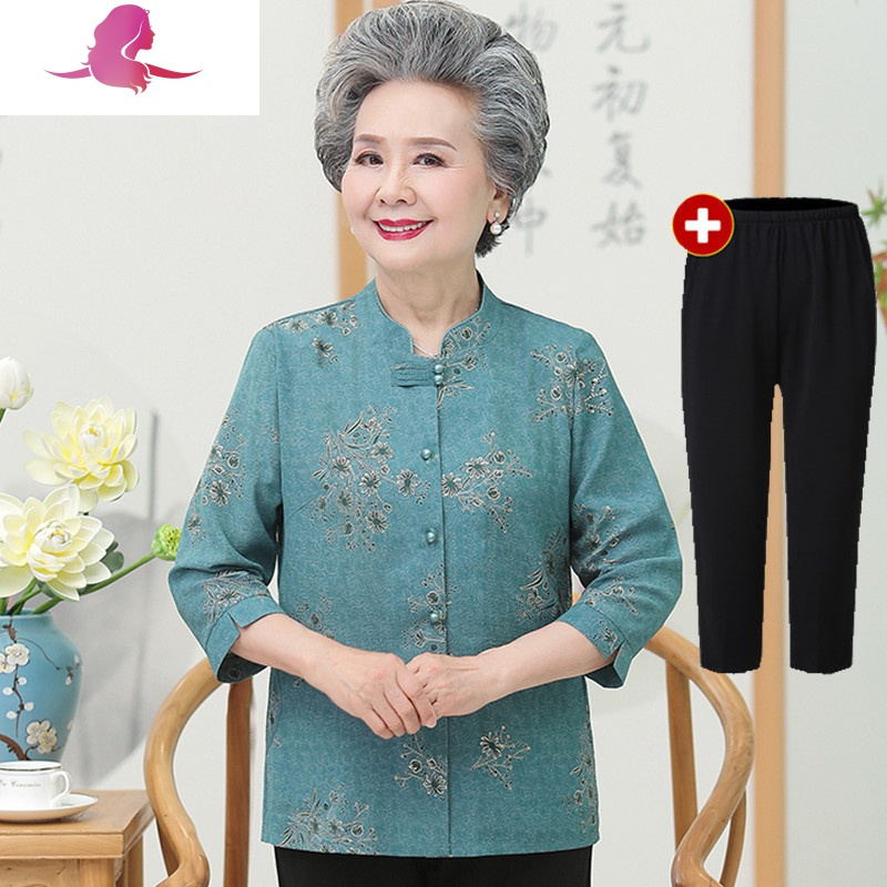 艳如飞老年人妈妈夏装衬衫女两件套奶奶春装上衣套装70-80岁老太太衣服套装