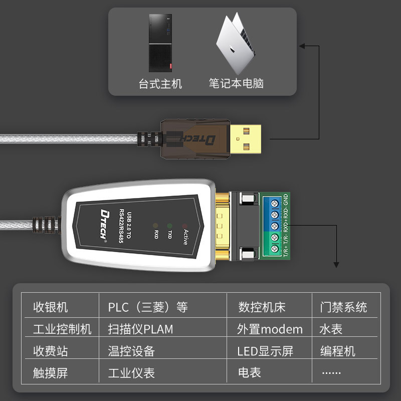 电脑笔记本接口USB转RS422 RS485转485转换器 规格3米 件