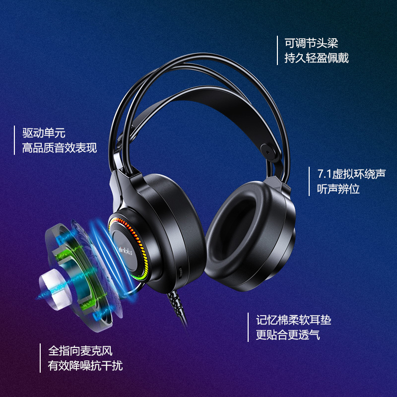 联想(Lenovo)头戴式耳机电脑耳麦有线USB 7.1声道立体声网课学习办公游戏RGB发光 thinkplus G20