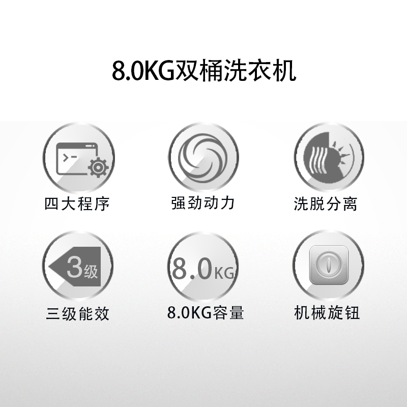 威力(WEILI) 8公斤半自动洗衣机双缸双桶家用租房大容量 洗脱分离 旋钮控制 非变频XPB80-8008S 白色