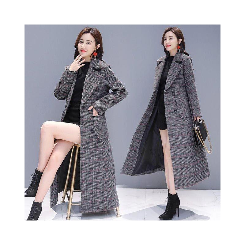 格子毛呢外套女中长款修身气质时尚千鸟格毛呢大衣潮