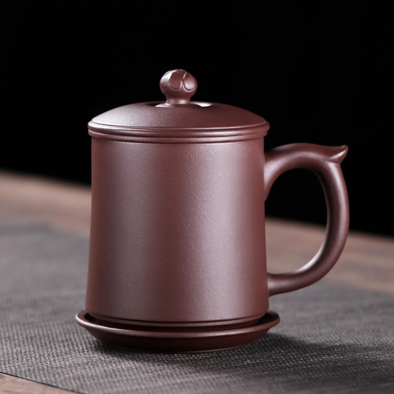 金镶玉 凌小明老师手作 宜兴紫砂杯 手工原矿茶杯带过滤四件套功夫茶具茶缸送礼礼盒装400cc 凌小明富贵莲花紫砂杯