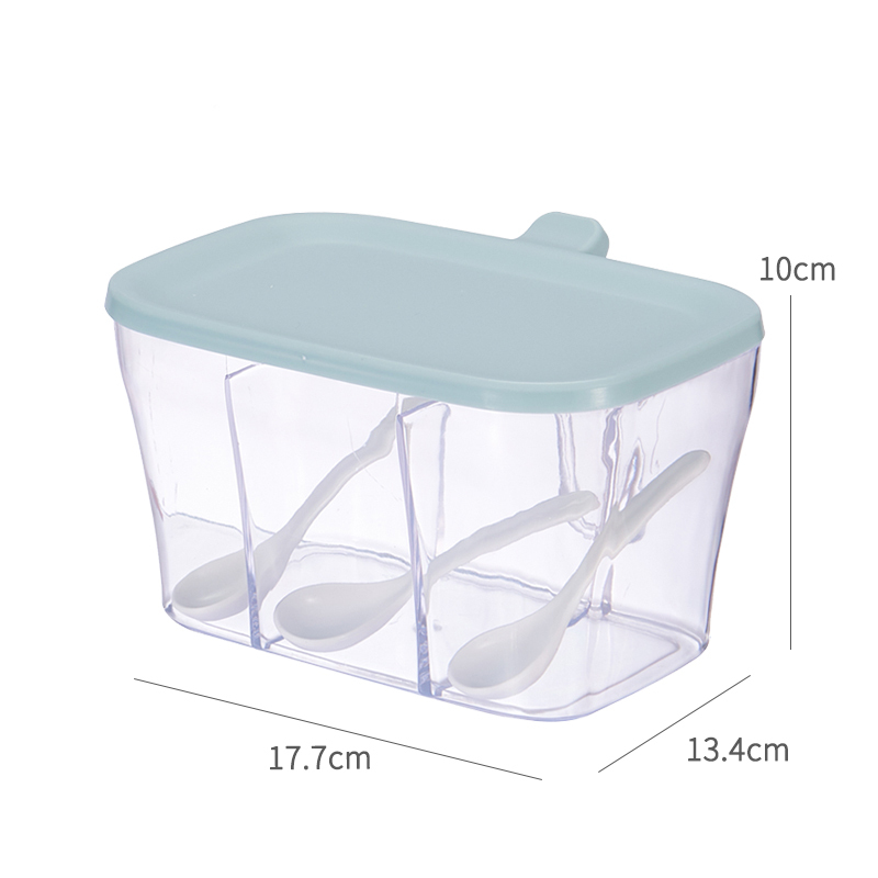 厨房组合调料盒套装佐料瓶分格家用调味罐大容量收纳盐罐味精罐子 敬平 清水蓝[3格分类]配3勺