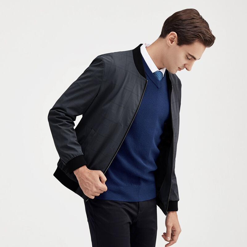 柒牌男装茄克衫男士外套秋新款商务休闲百搭长袖格纹棒球领夹克上衣