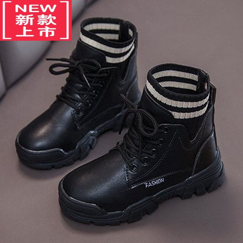 可莉允女童靴子2022春秋新款黑色软底单靴小女孩马丁靴儿童鞋子短靴皮靴