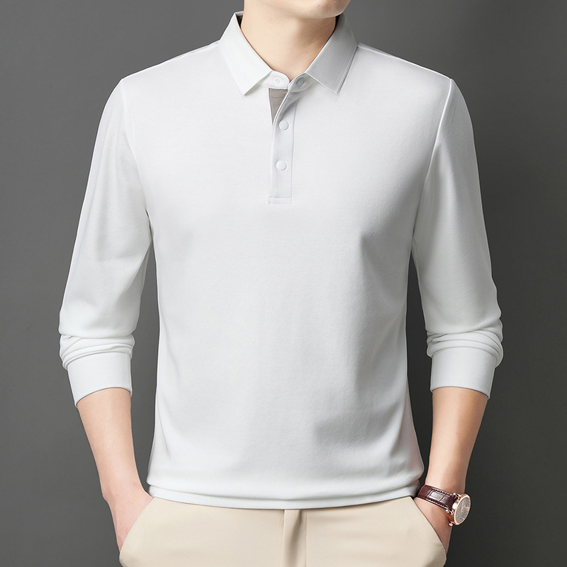 桑蚕丝纯色翻领长袖男士T恤秋季新款中年商务打底衫男