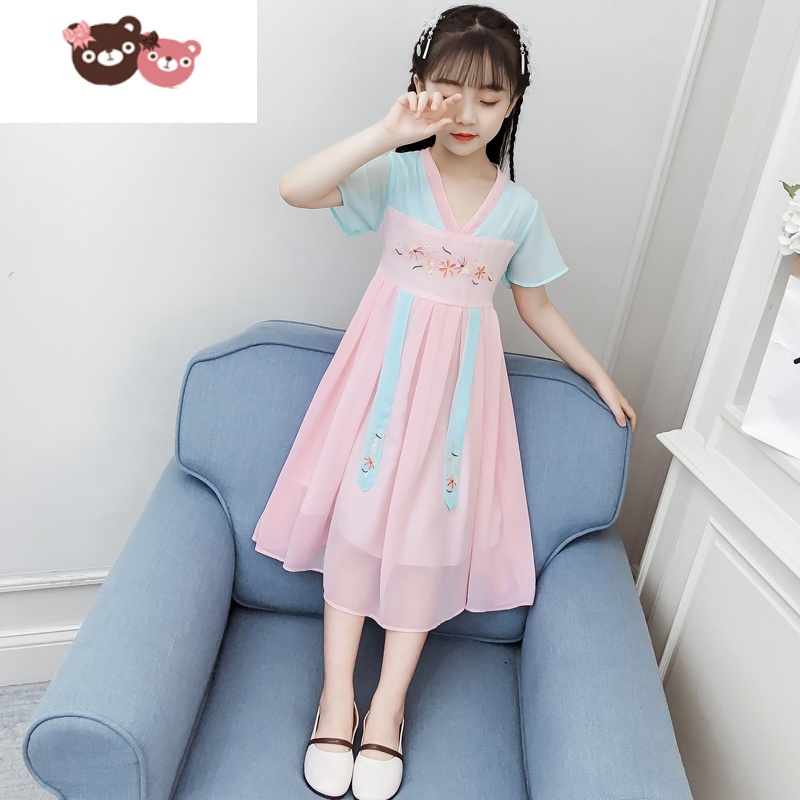 绿彩虹光女童汉服连衣裙夏装2022新款儿童中国风古装夏季短袖洋气公主裙子