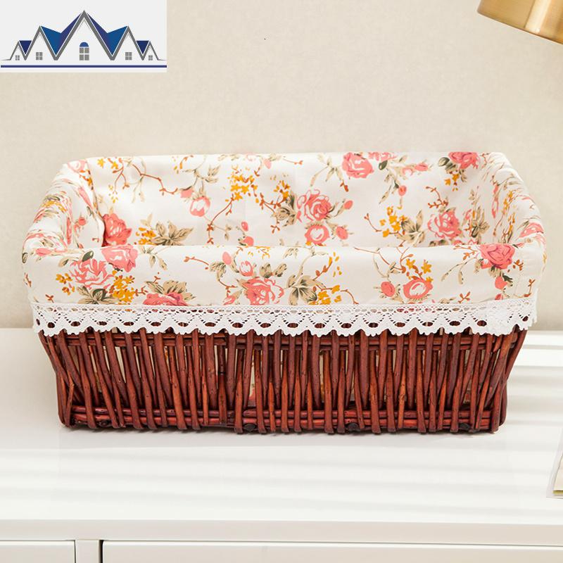 收纳筐藤编水果筐柳编篮子零食筐框编织收纳筐布艺收纳篮竹筐藤筐 三维工匠 红棕色+玫瑰内衬三号35X25X14