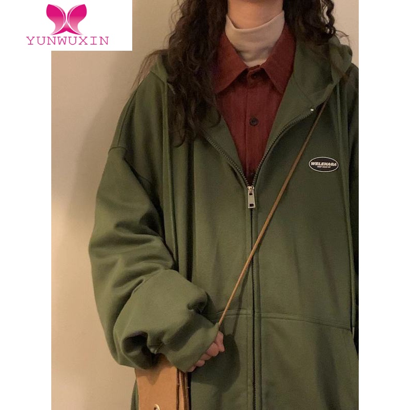 YUNWUXINnaga新款宽松美式复古绿色情侣开衫卫衣外套女oversize男