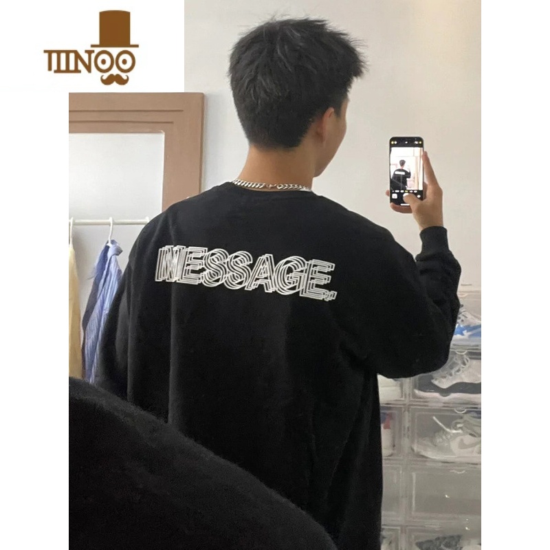 YANXUvintage潮牌街头嘻哈宽松长袖卫衣男美式圆领薄款简约上衣ins高清大图