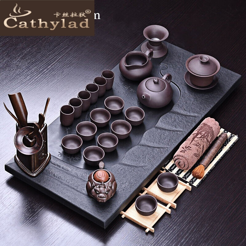 Cathylad 紫砂壶功夫茶具套装家用办公室乌金石茶盘泡茶壶茶杯