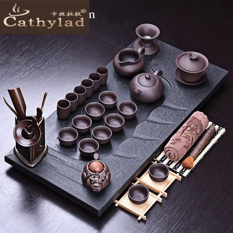 Cathylad 紫砂壶功夫茶具套装家用办公室乌金石茶盘泡茶壶茶杯