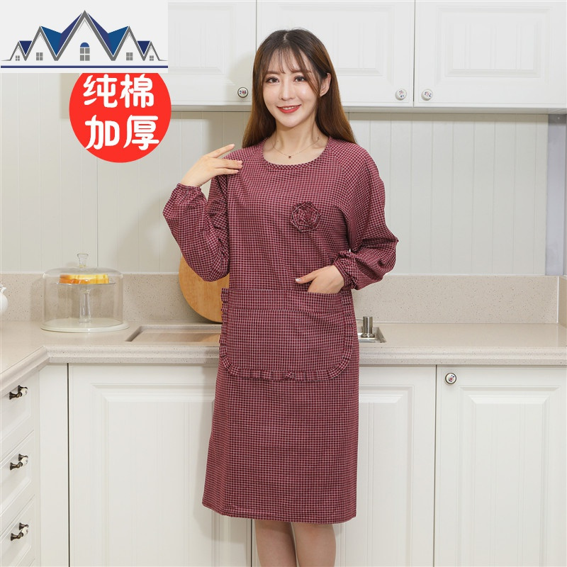 围裙家用厨房长袖女时尚棉做饭带袖防水防油罩衣外套大人反穿衣 三维工匠