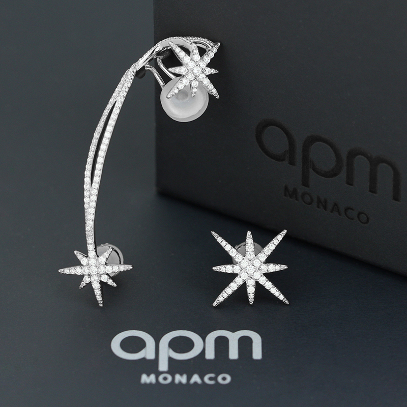 [apm MONACO]不对称流星星耳钉耳夹S925银耳饰甜美时尚女士耳扣送女友贵族银饰 银色