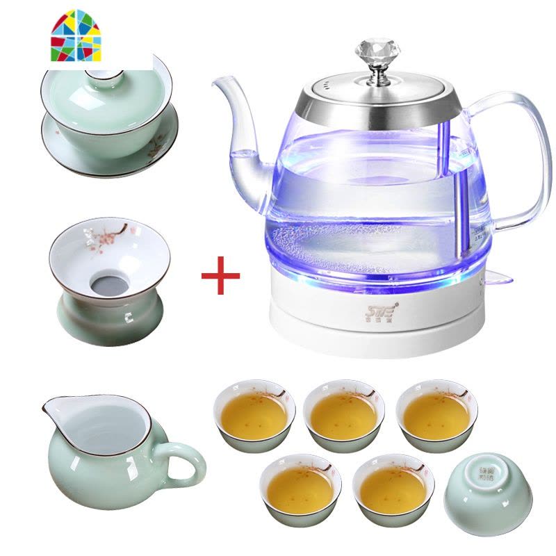 BL03A玻璃烧水壶电热煮水壶家用自动断电透明煮茶器 FENGHOU 1L圆型快速壶+色釉茶具图片