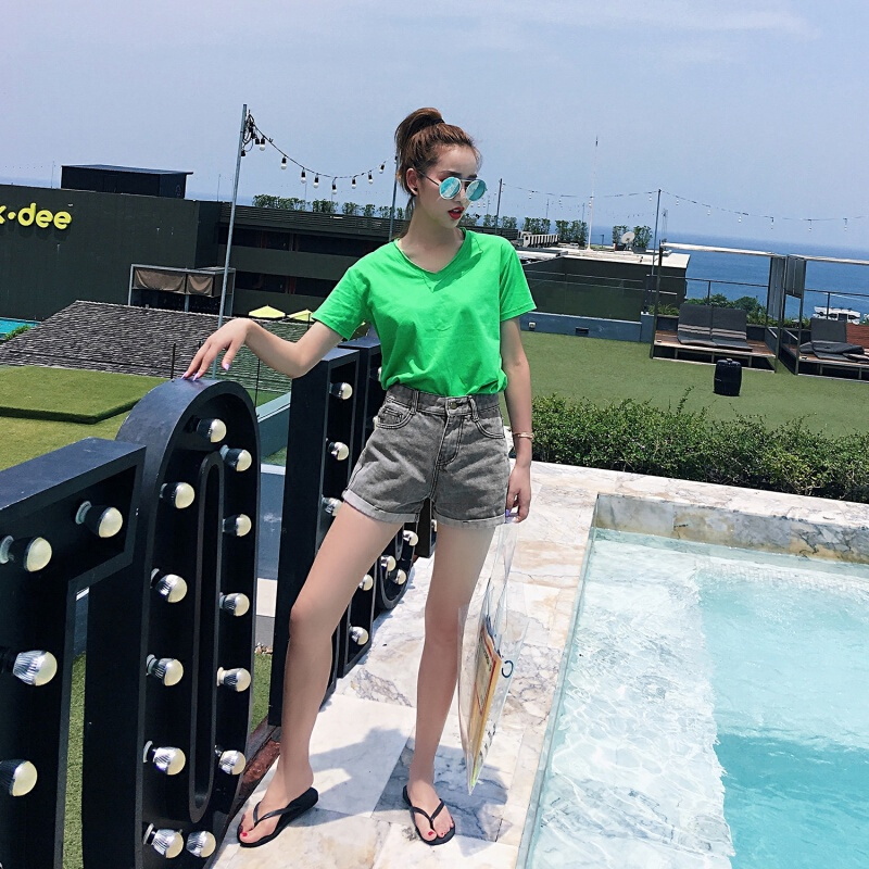 2018夏季新款韩版高腰烟灰色口袋破洞牛仔裤女宽松学生百搭超短裤烟灰色